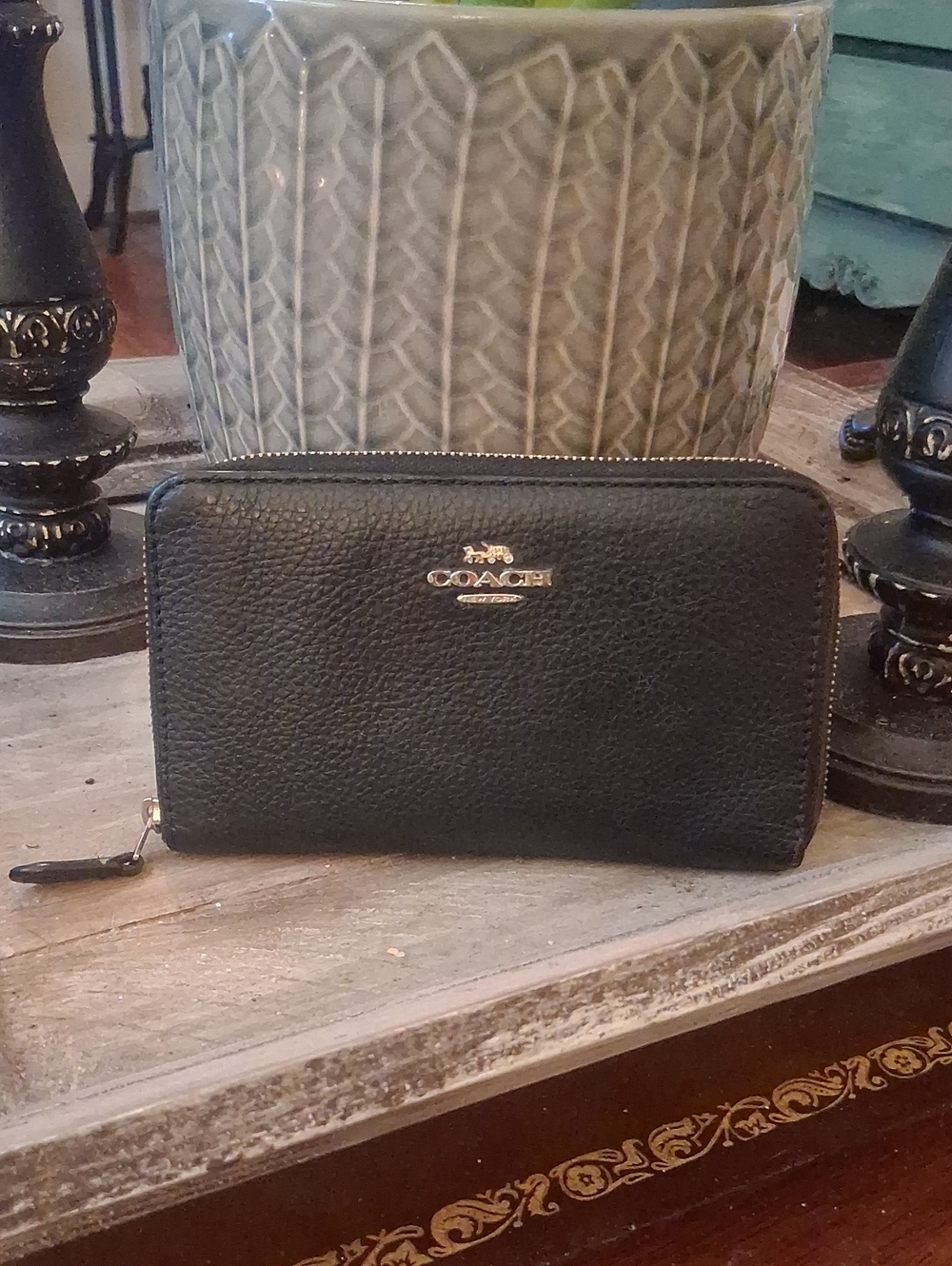 Coach Black Pebbled Leather Zip Wallet with Gold Logo Accent